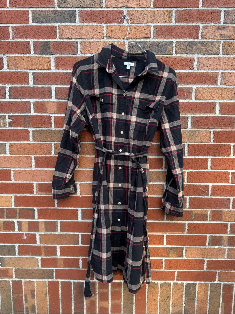 L.L.Bean Signature Plaid Cotton Flannel Belted Shirt Dress 1X Plus Pockets